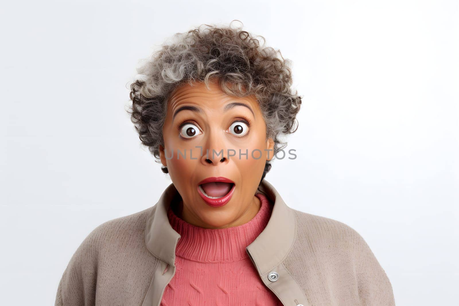 surprised adult African American woman, head and shoulders portrait on white background. Neural network generated image. Not based on any actual person or scene.