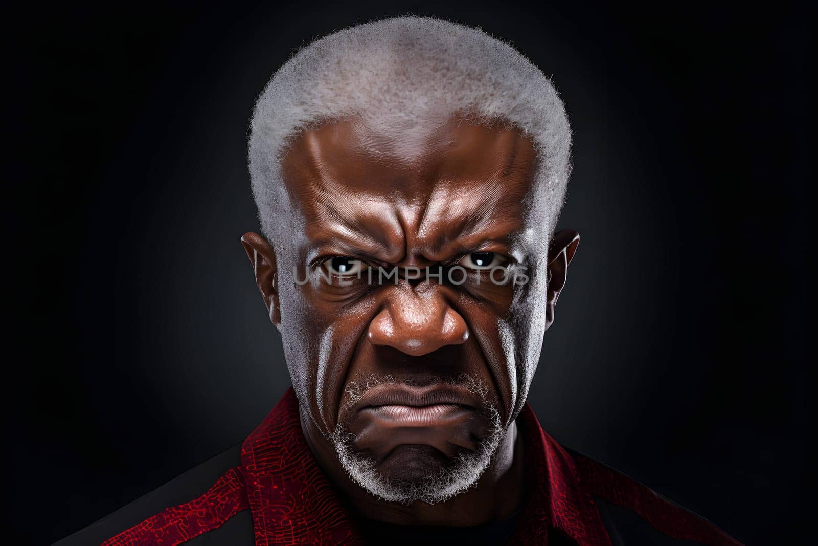 Angry mature African American man, head and shoulders portrait on black background. Neural network generated image. Not based on any actual person or scene.