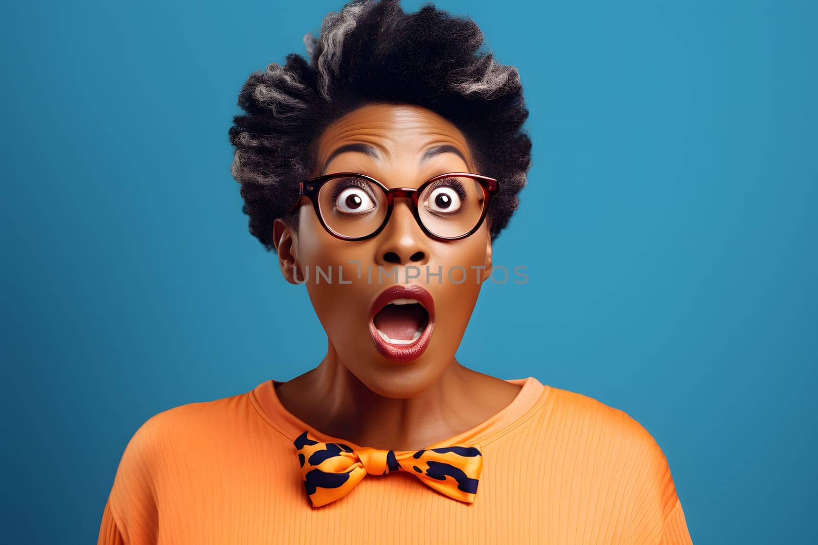 surprised mature African American woman, head and shoulders portrait on blue background. Neural network generated image. Not based on any actual person or scene.