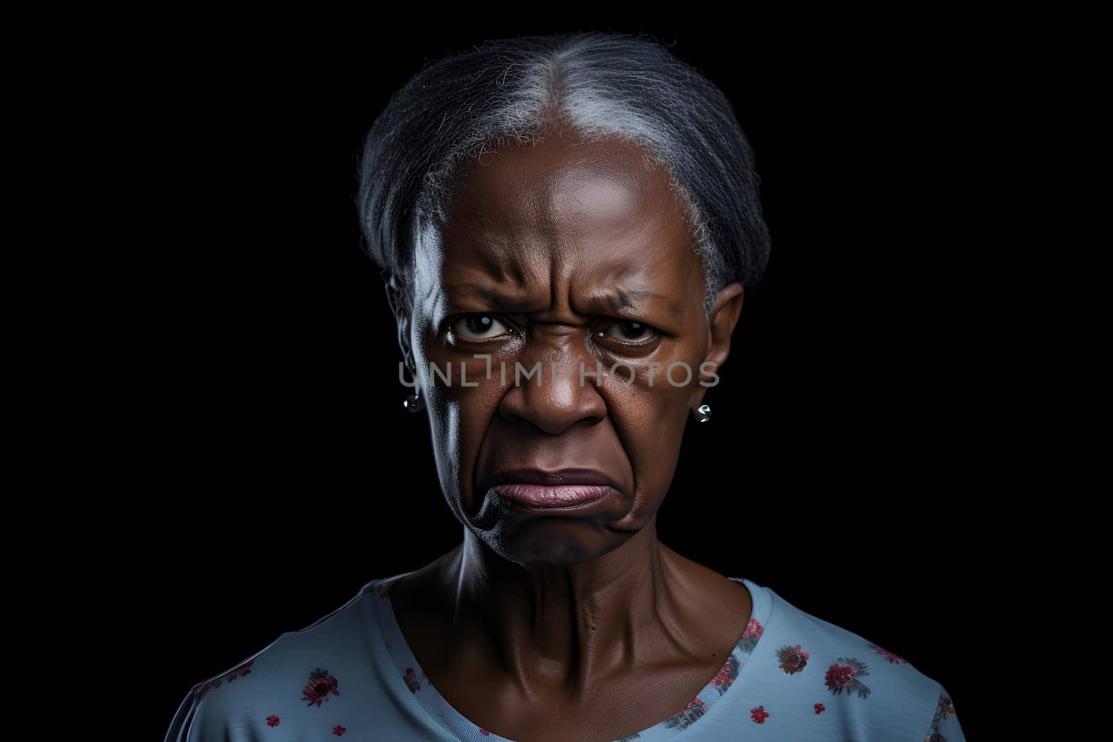 Angry senior African American woman, head and shoulders portrait on black background. Neural network generated image. Not based on any actual person or scene.