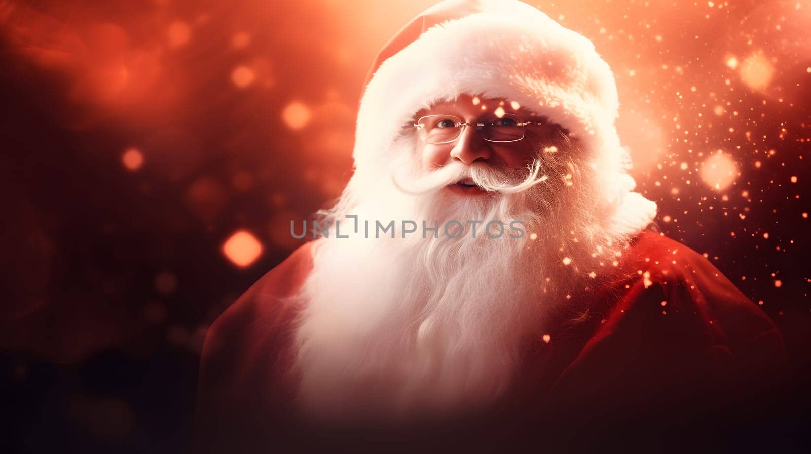 Santa Claus face closeup with defocused glitter bokeh background, neural network generated image. Not based on any actual person, scene or pattern.