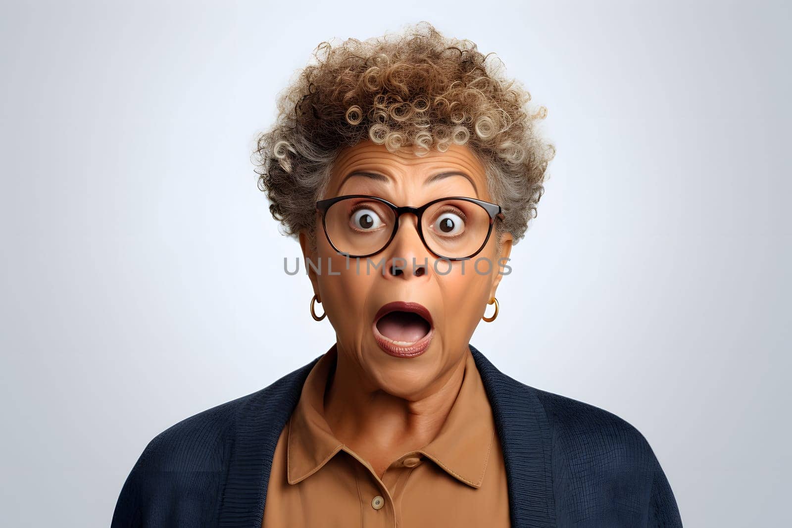 surprised adult African American woman, head and shoulders portrait on white background. Neural network generated image. Not based on any actual person or scene.