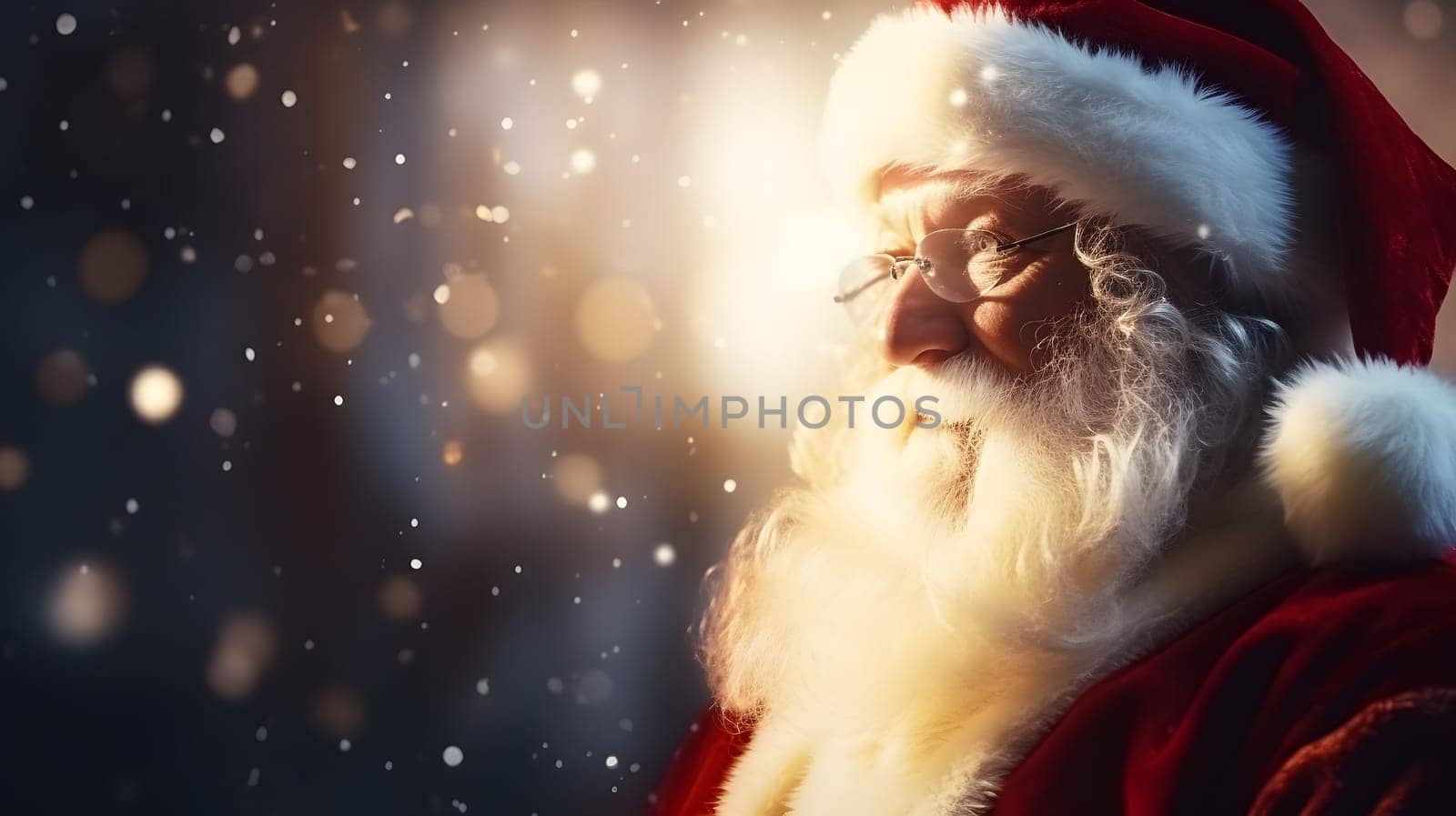 Santa Claus face closeup with defocused glitter bokeh copy space background, neural network generated image. Not based on any actual person, scene or pattern.