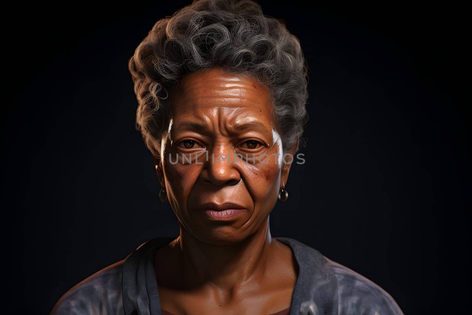 crying senior African American woman, head and shoulders portrait on black background. Neural network generated image. Not based on any actual person or scene.