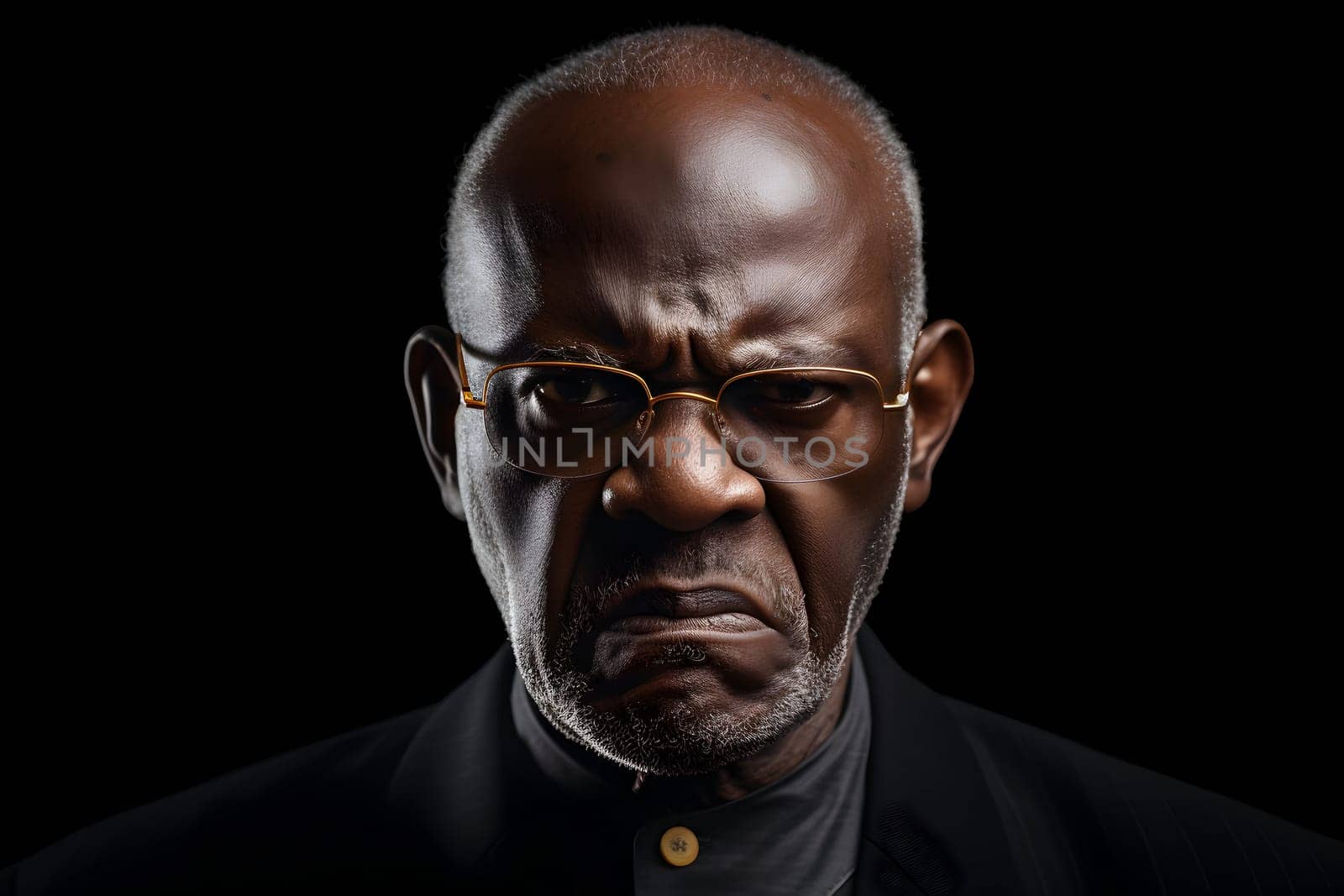 Angry mature African American man with glasses, head and shoulders portrait on black background. Neural network generated image. Not based on any actual person or scene.