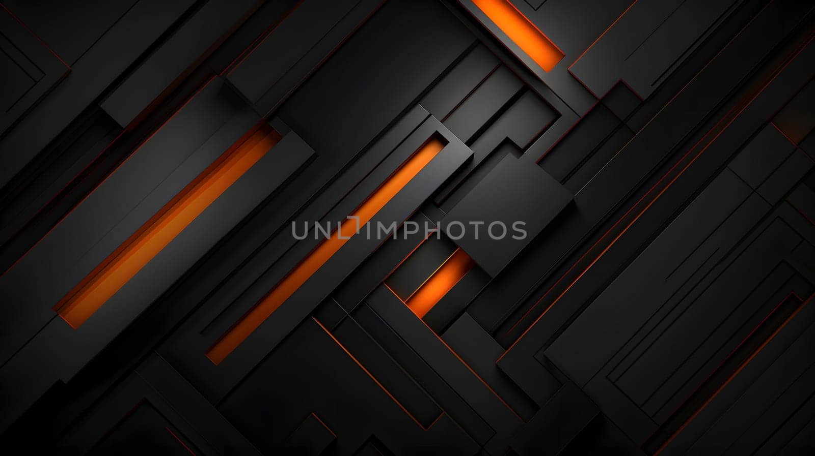 Abstract background design of black and orange panels forming mosaic geometric pattern. Neural network generated image. Not based on any actual person or scene.