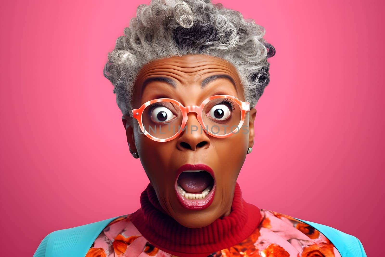 surprised adult African American woman, head and shoulders portrait on pink background. Neural network generated image. Not based on any actual person or scene.