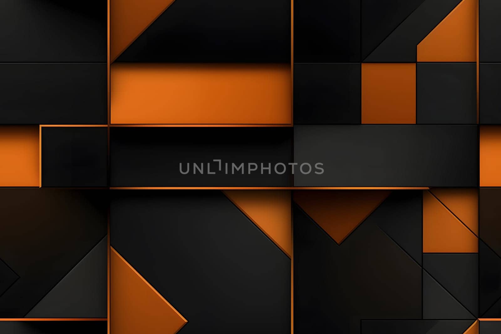 Abstract background design of black and orange panels forming mosaic geometric pattern. Neural network generated image. Not based on any actual person or scene.