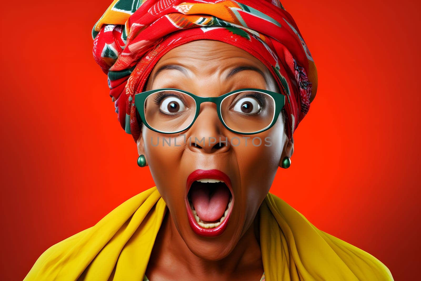surprised adult African American woman, head and shoulders portrait on red background. Neural network generated image. Not based on any actual person or scene.