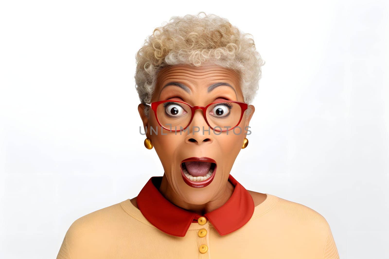 surprised adult African American woman, head and shoulders portrait on white background. Neural network generated image. Not based on any actual person or scene.