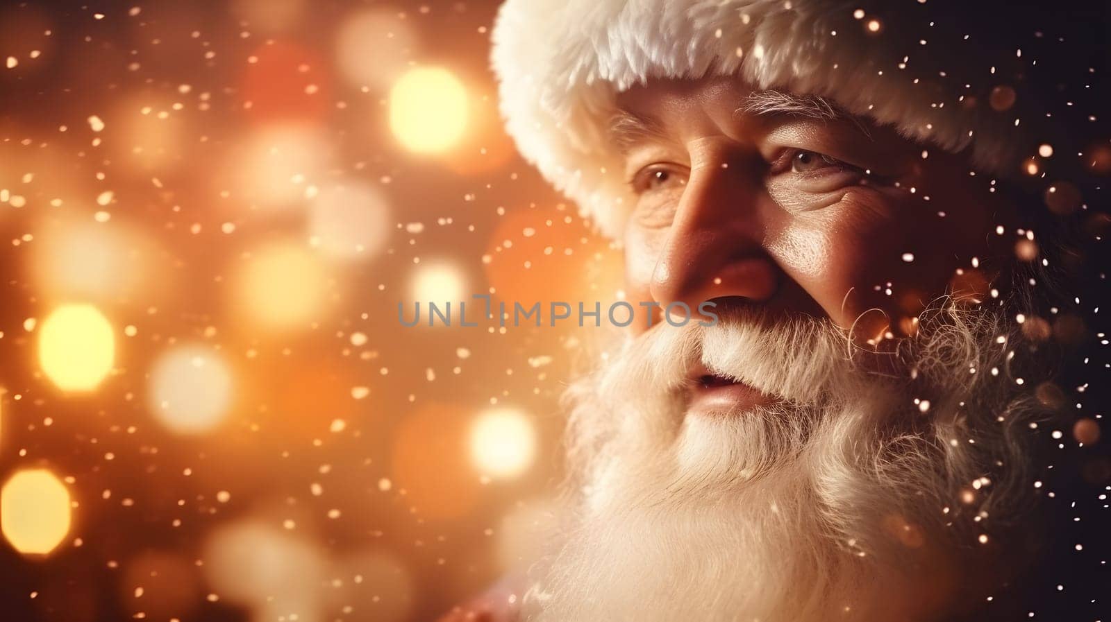 Santa Claus face closeup with defocused glitter bokeh copy space background, neural network generated image. Not based on any actual person, scene or pattern.