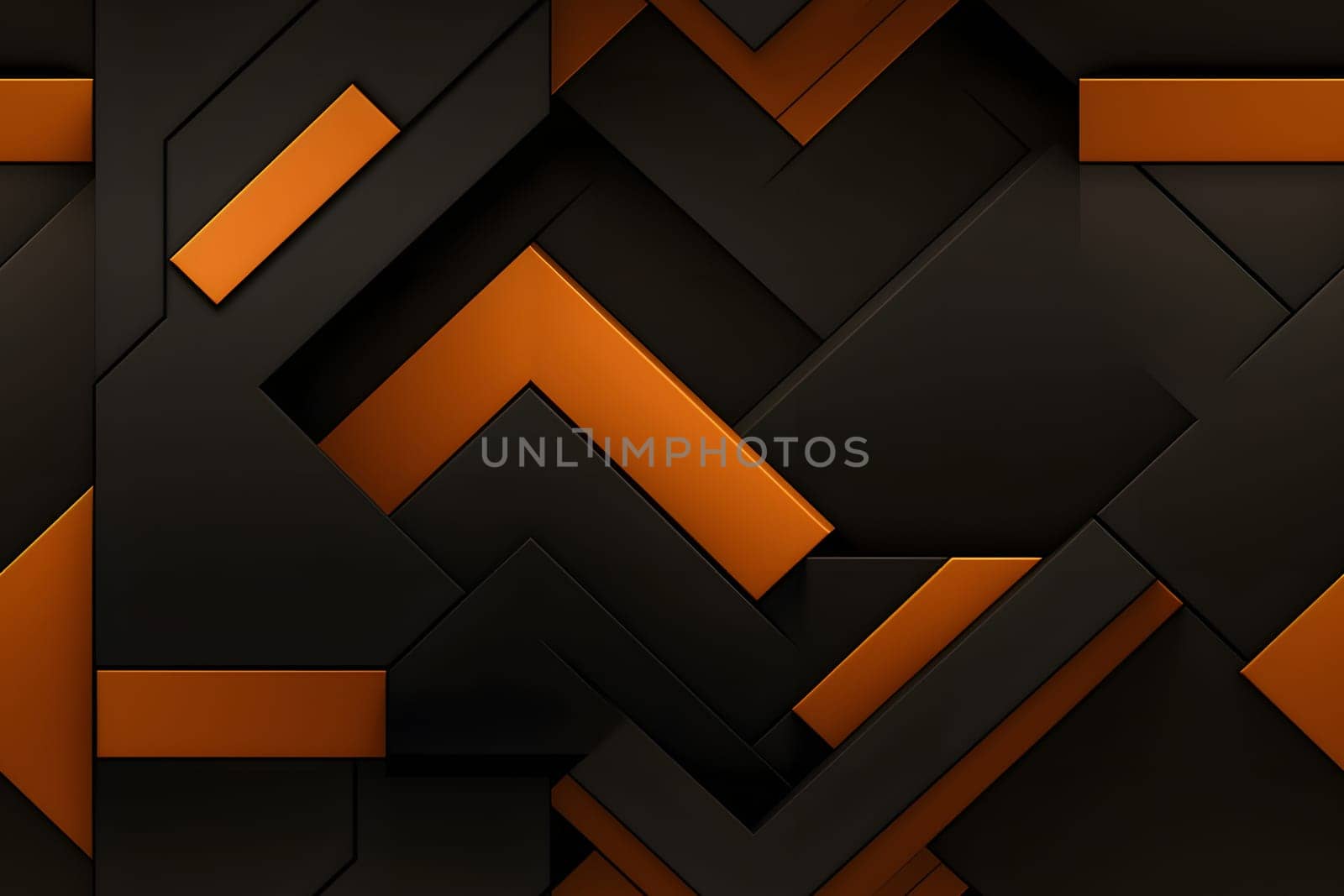 Abstract background design of black and orange panels forming mosaic geometric pattern. Neural network generated image. Not based on any actual person or scene.