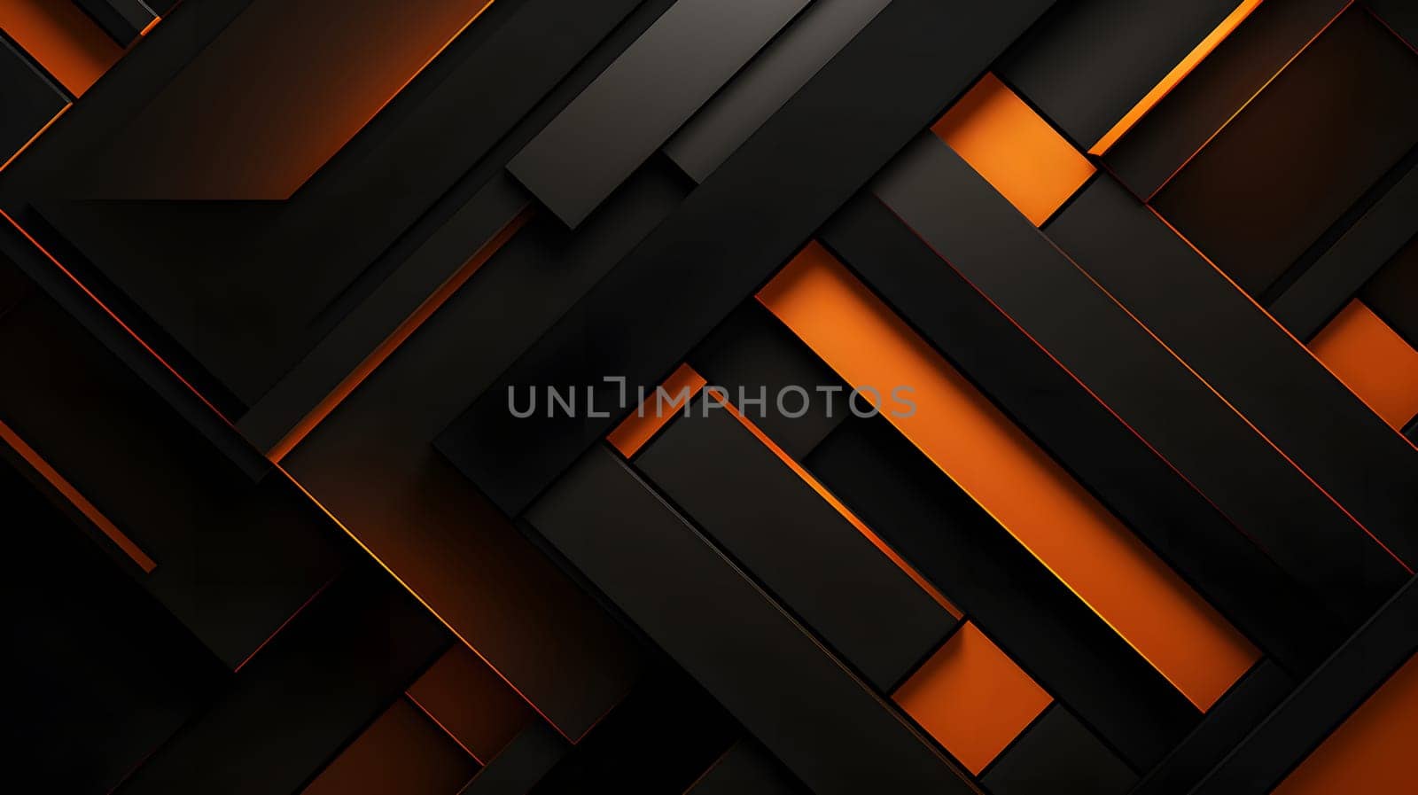 Abstract background design of black and orange panels forming mosaic geometric pattern. Neural network generated image. Not based on any actual person or scene.