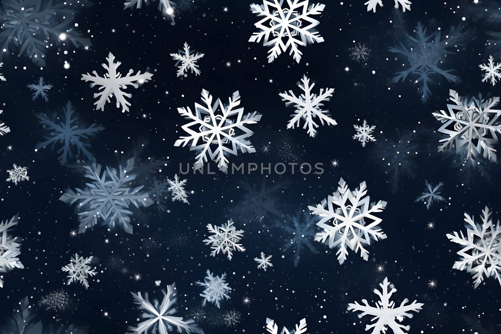 seamless pattern of snowflakes on dark blue background, neural network generated. Not based on any actual scene or pattern.
