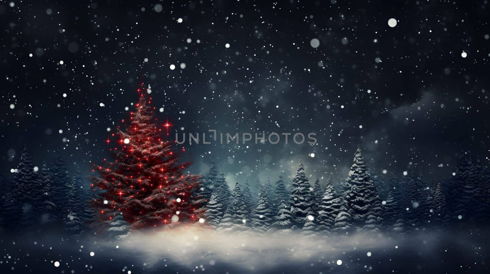 red pine tree in blue winter forest during Christmas night snowfall, neural network generated image. Not based on any actual scene or pattern.