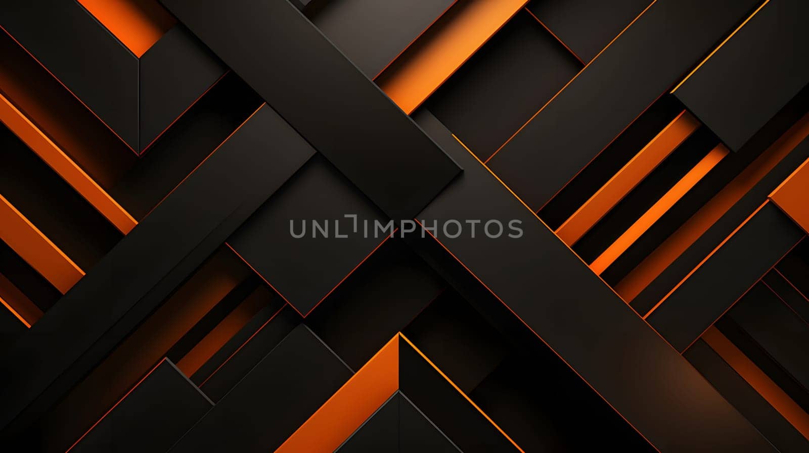 Abstract background design of black and orange panels forming mosaic geometric pattern. Neural network generated image. Not based on any actual person or scene.
