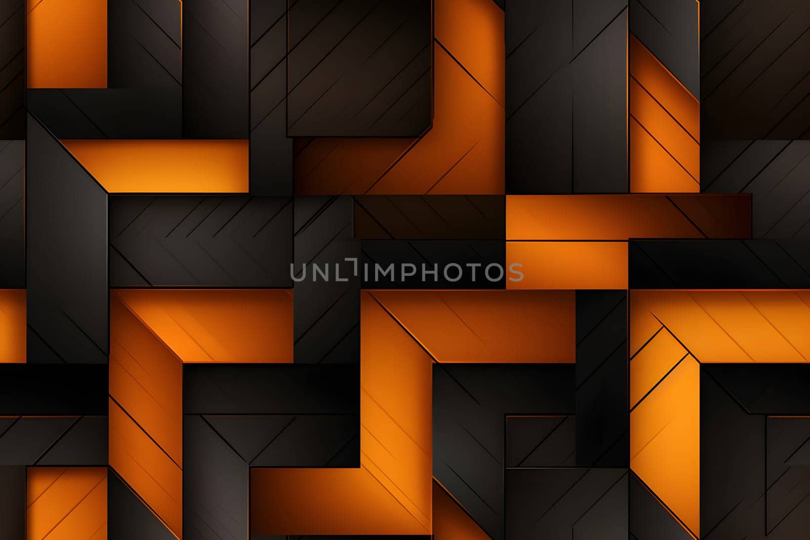 Abstract background design of black and orange panels forming mosaic geometric pattern. Neural network generated image. Not based on any actual person or scene.