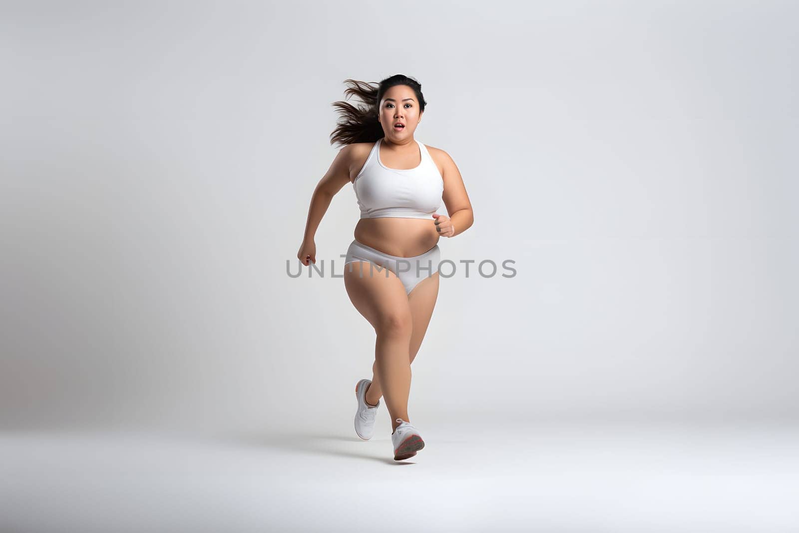 Overweight young adult Asian woman running on white background, concept of overweight and weight loss. Neural network generated image. Not based on any actual person or scene.