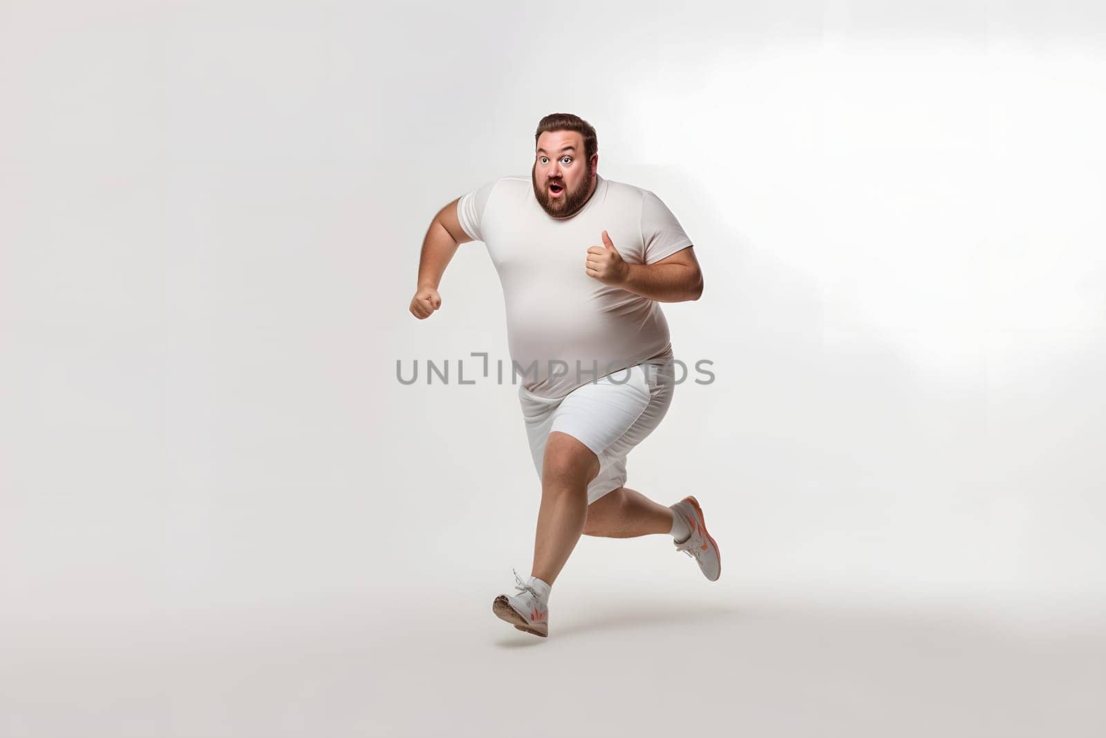 Overweight young adult Caucasian man running on white background, concept of overweight and weight loss. Neural network generated image. Not based on any actual person or scene.