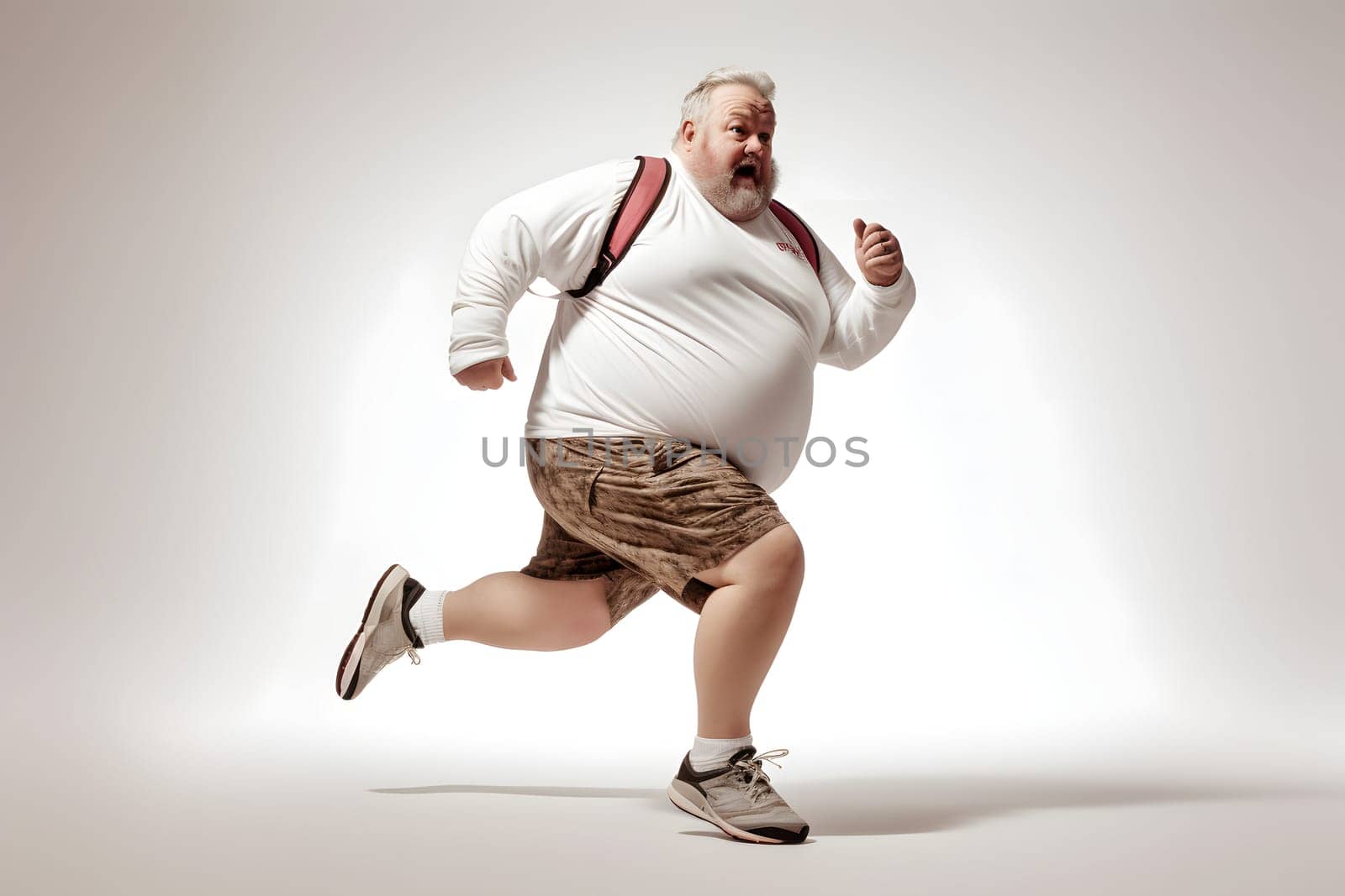 Overweight senior Caucasian man running on white background, concept of overweight and weight loss. Neural network generated image. Not based on any actual person or scene.