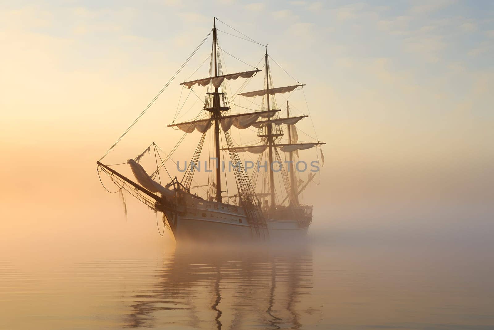 spectral ghost ship at foggy morning or evening. Neural network generated image. Not based on any actual person or scene.