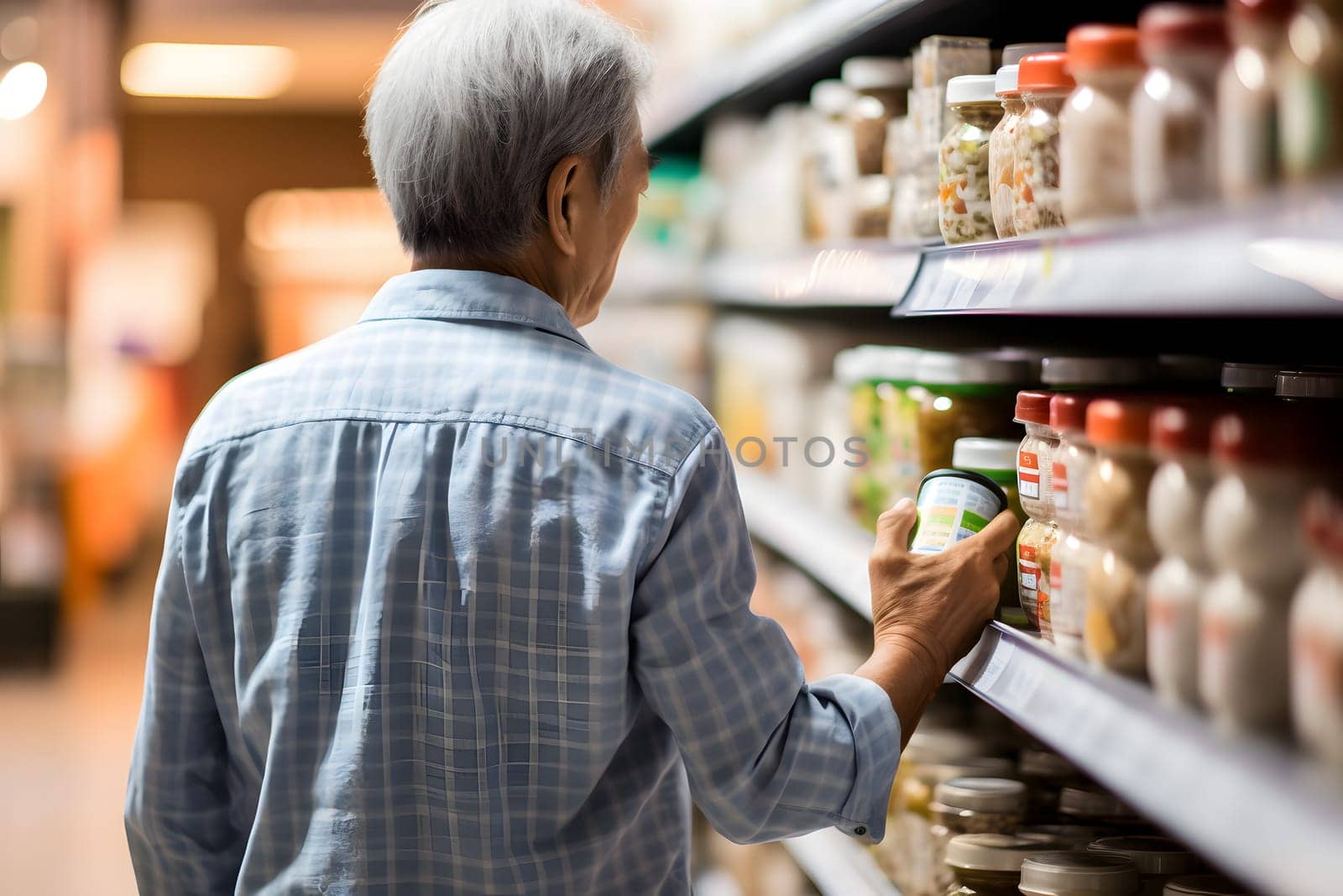 senior Asian man choosing a product in a grocery store. Neural network generated image. Not based on any actual person or scene.