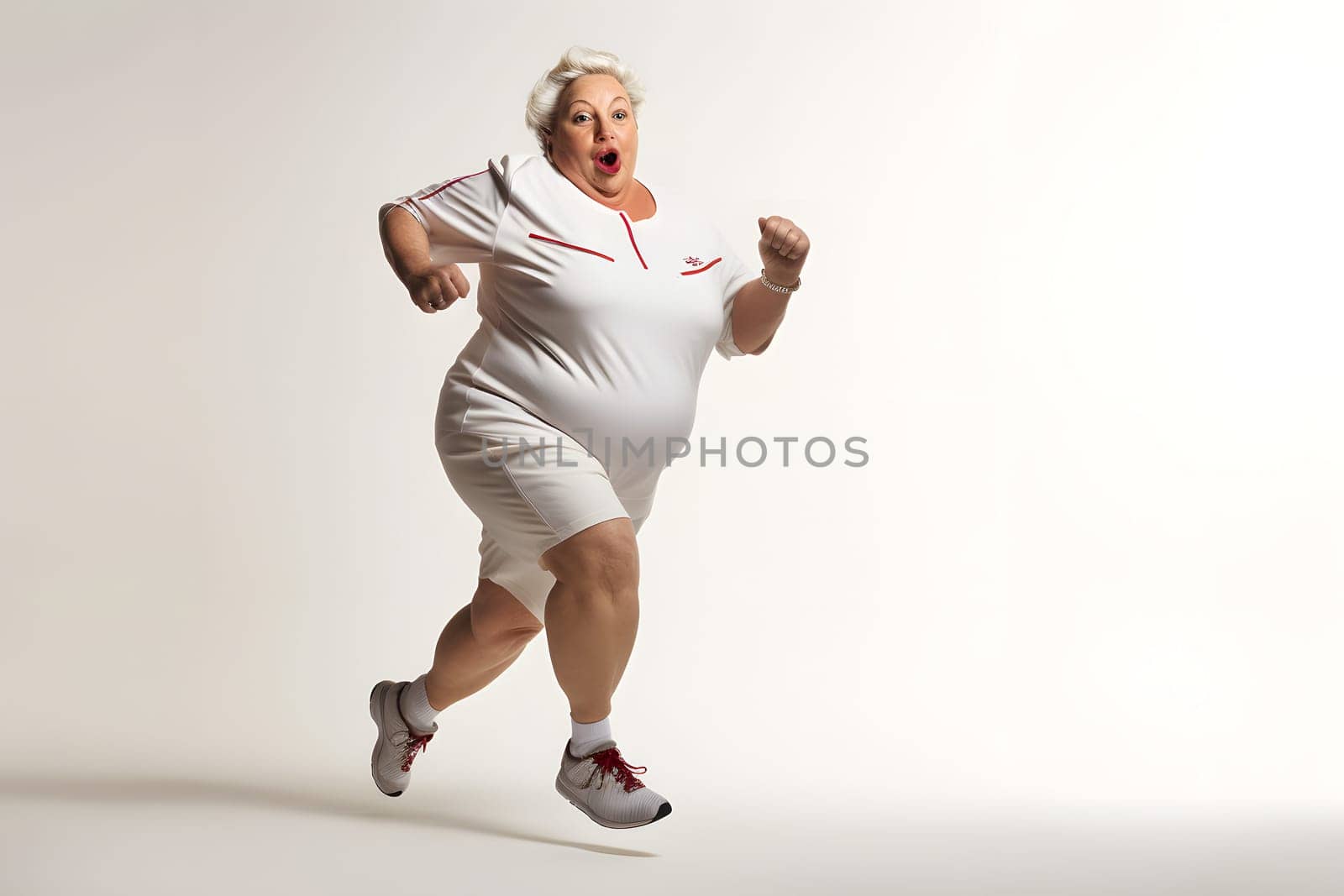 Overweight senior Caucasian woman running on white background, concept of overweight and weight loss. Neural network generated image. Not based on any actual person or scene.