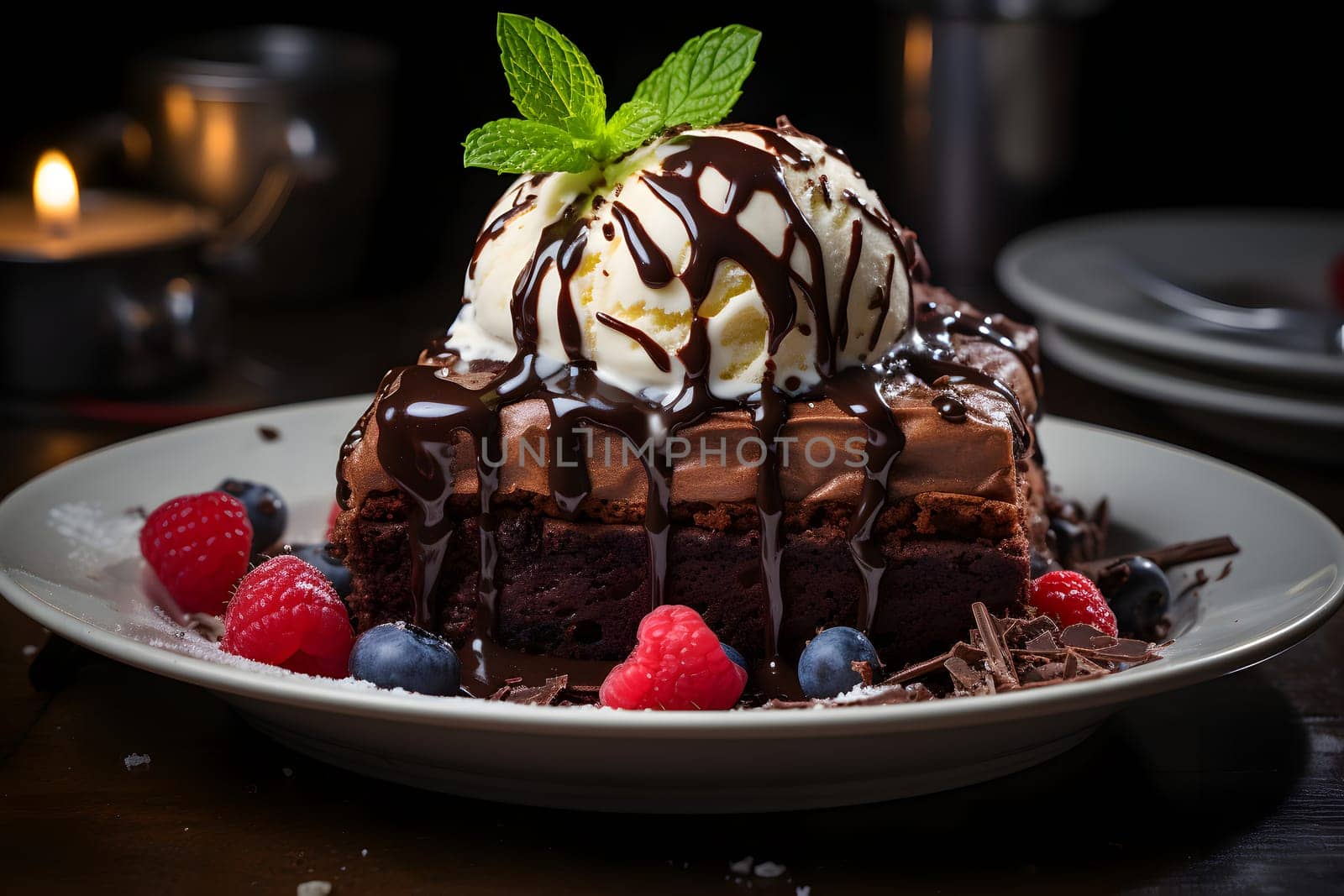 Slice of delicious and rich chocolate cake, served with a scoop of vanilla ice cream on top and raspberries. Neural network generated image. Not based on any actual person or scene.