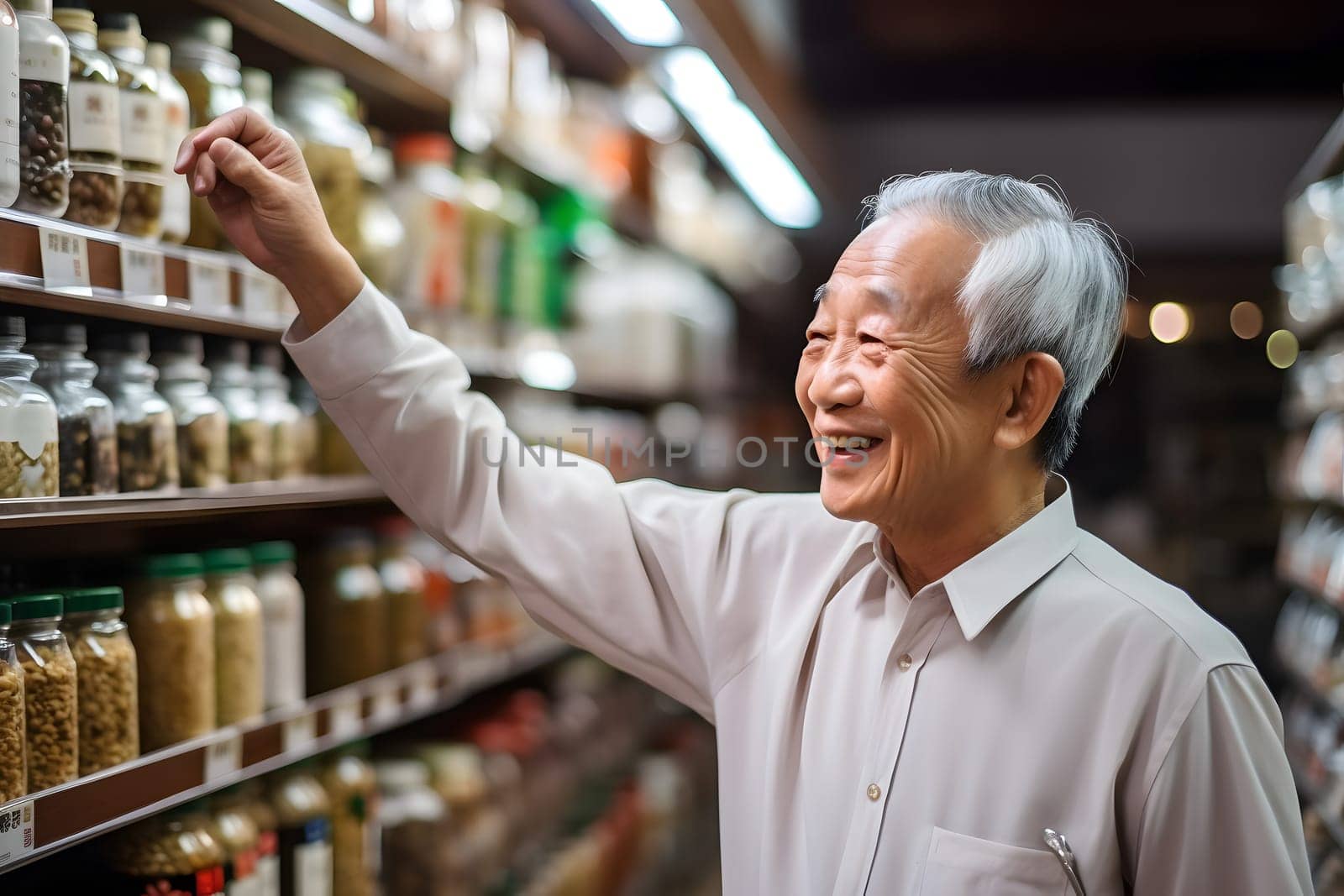smiling senior Asian man choosing a product in a grocery store. Neural network generated image. Not based on any actual person or scene.