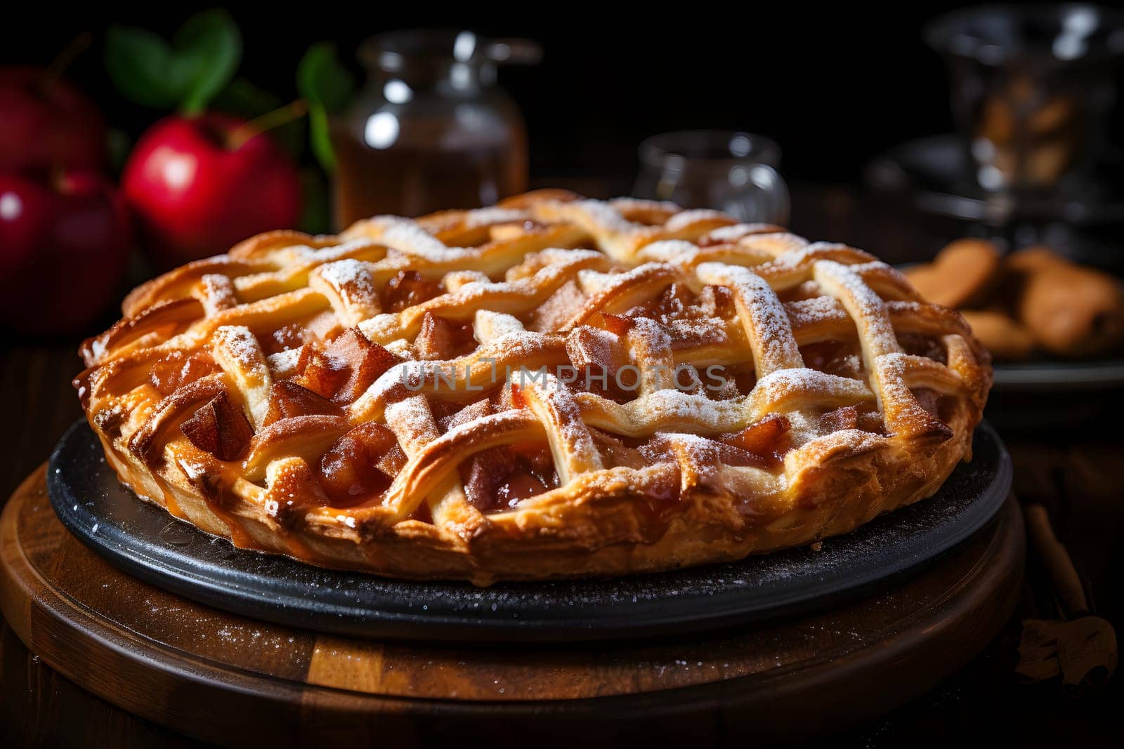 Delicious homemade apple pie, just out of the oven, with a lattice crust, and hot steam rising. Neural network generated image. Not based on any actual person or scene.