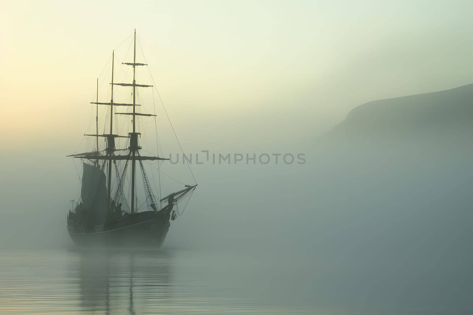 spectral ghost ship at foggy morning or evening. Neural network generated image. Not based on any actual person or scene.