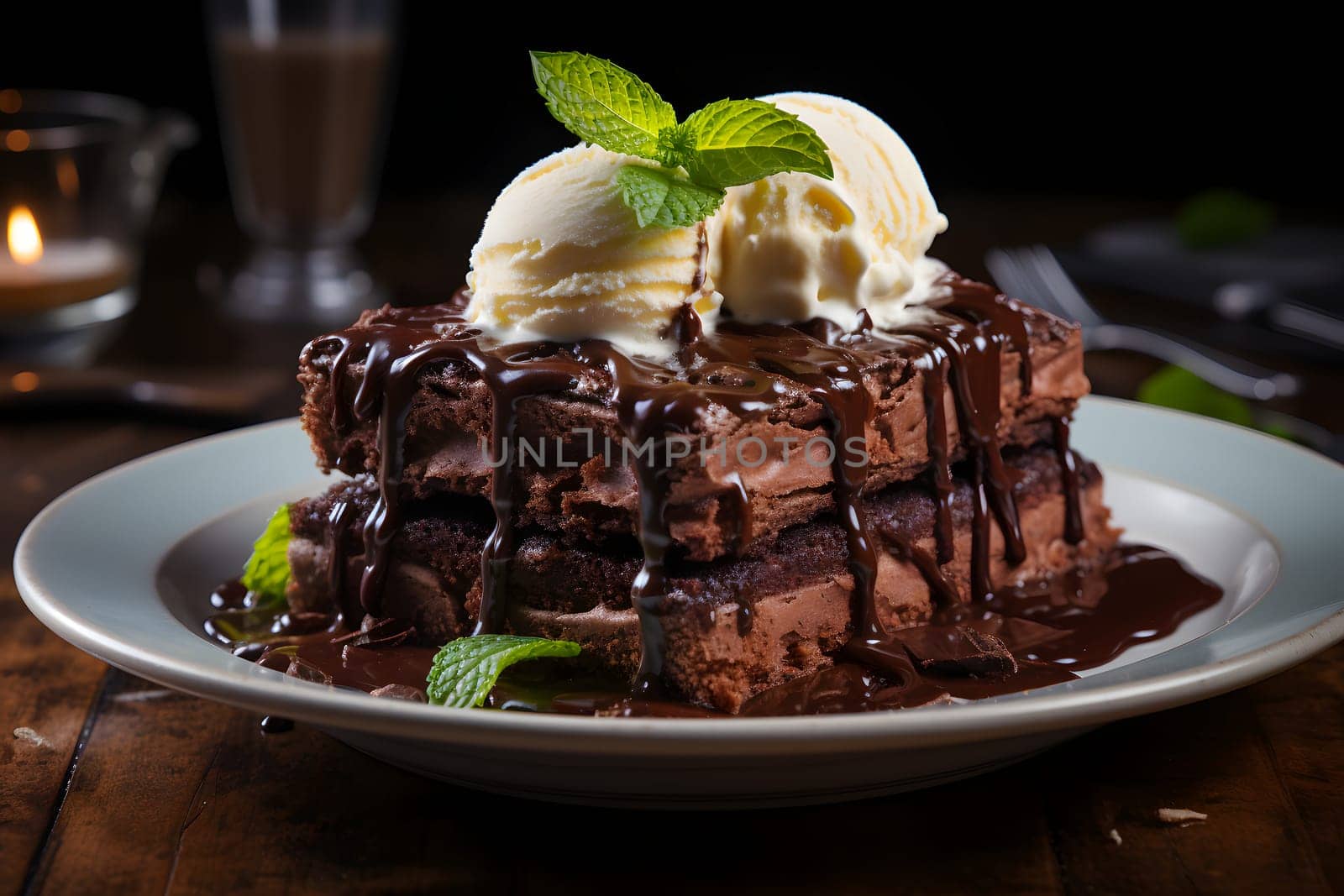 Slice of delicious and rich chocolate cake, served with a scoop of vanilla ice cream on top. Neural network generated image. Not based on any actual person or scene.