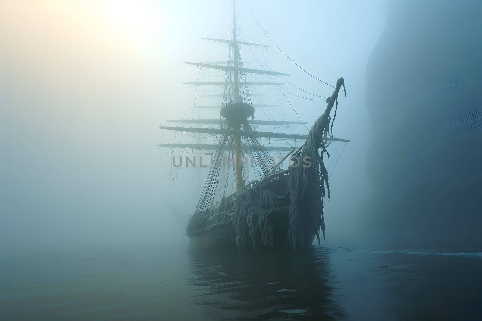 spectral ghost ship at foggy morning or evening. Neural network generated image. Not based on any actual person or scene.