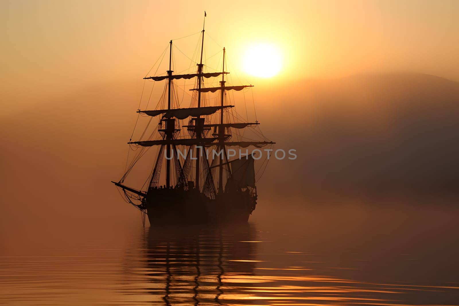 spectral ghost ship at foggy morning or evening. Neural network generated image. Not based on any actual person or scene.