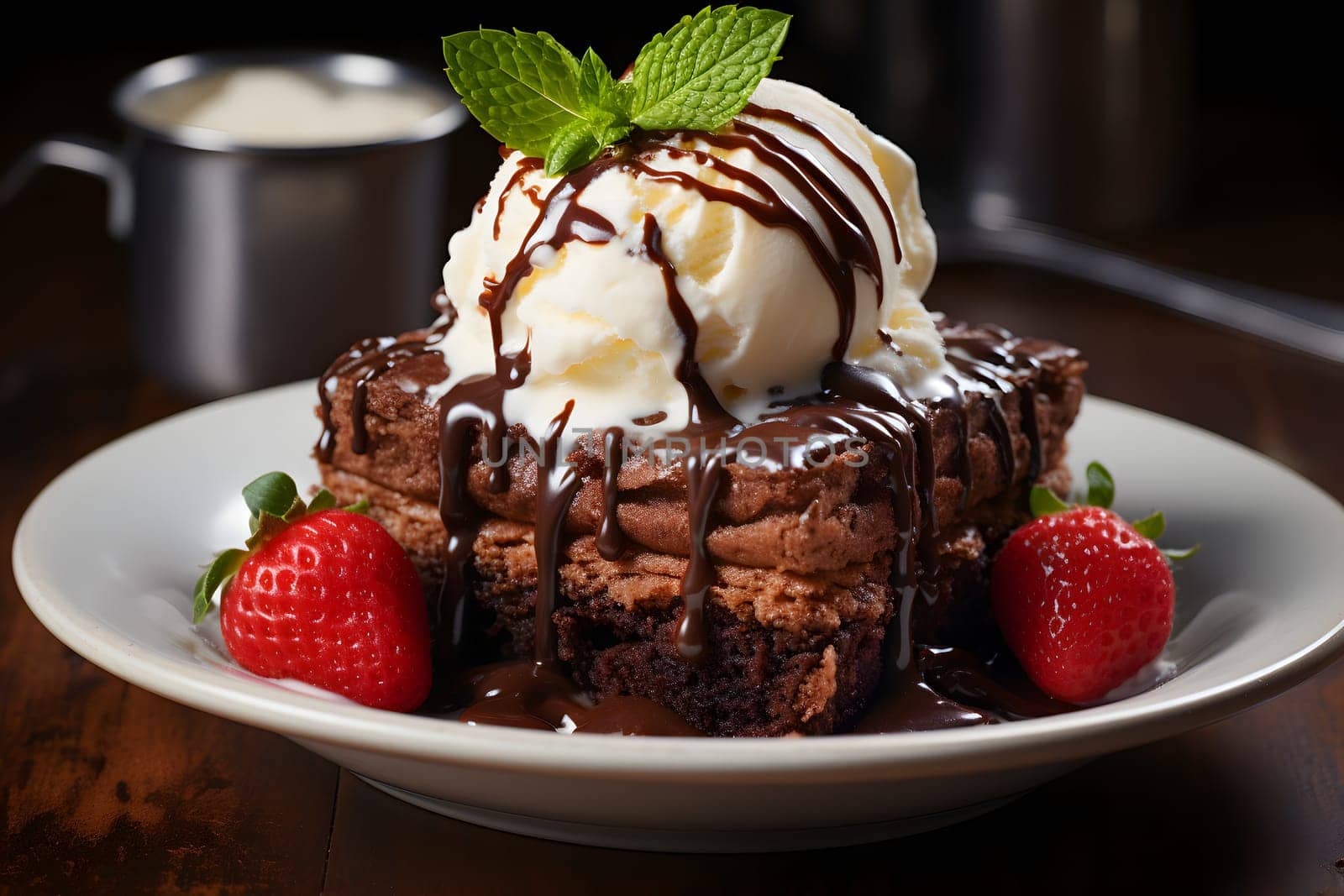 Slice of delicious and rich chocolate cake, served with a scoop of vanilla ice cream on top. Neural network generated image. Not based on any actual person or scene.