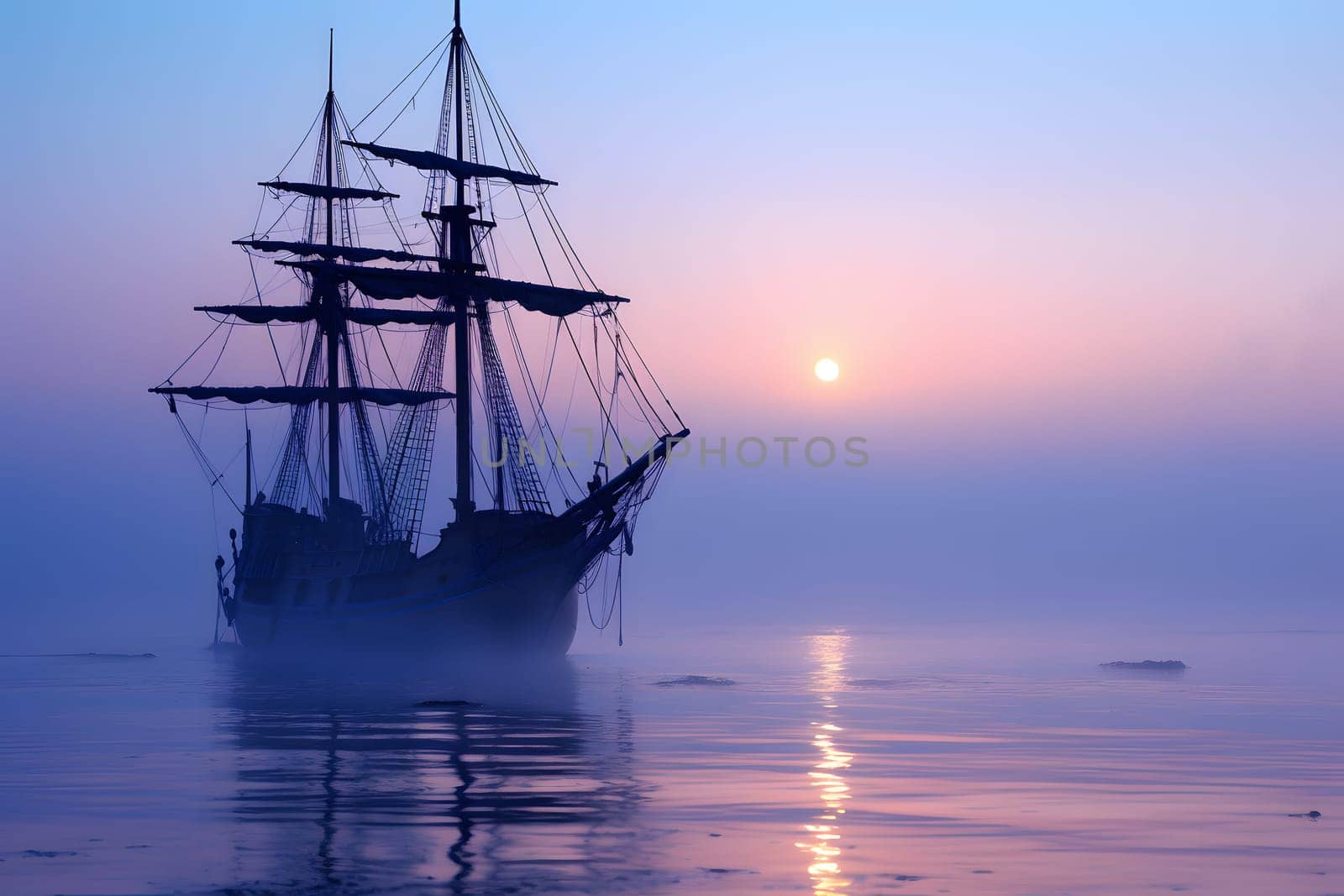 spectral ghost ship at foggy morning or evening. Neural network generated image. Not based on any actual person or scene.