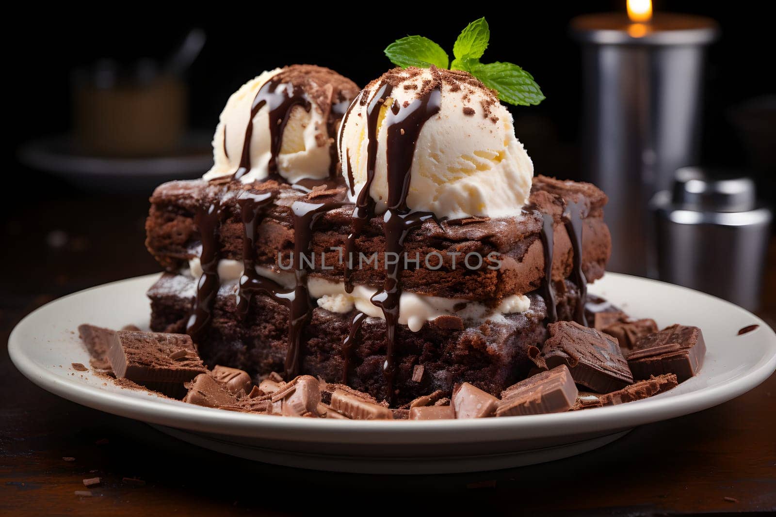 Slice of delicious and rich chocolate cake, served with a scoop of vanilla ice cream on top. Neural network generated image. Not based on any actual person or scene.