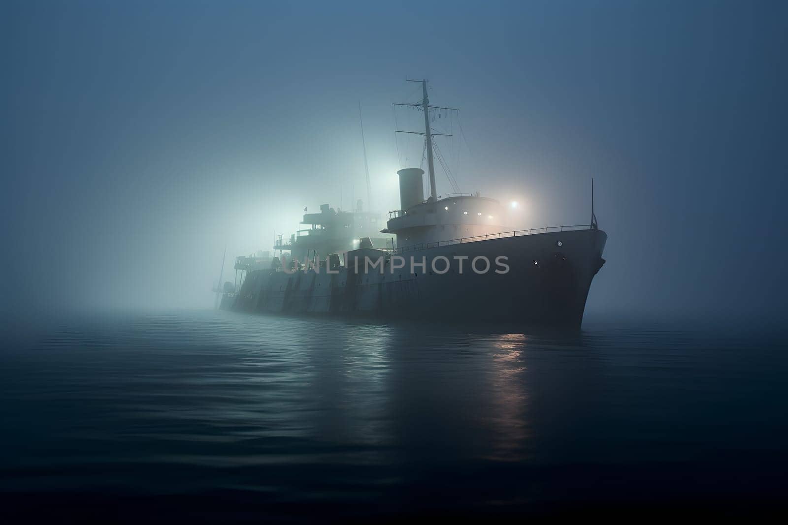 spectral ghost ship at foggy. Neural network generated image. Not based on any actual person or scene.