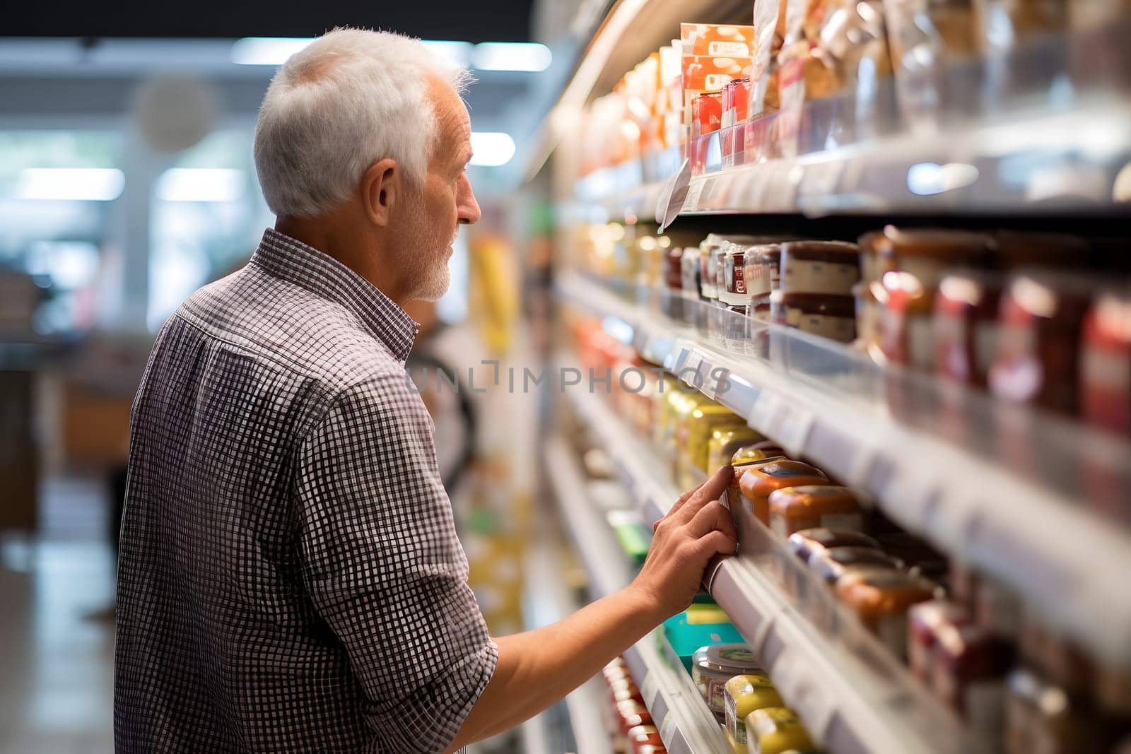 senior Caucasian man choosing a product in a grocery store. Neural network generated image. Not based on any actual person or scene.