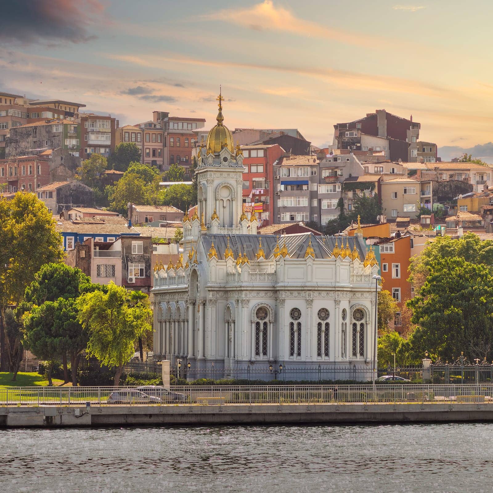 Sunset view from Golden Horn of Neo Byzantine architecture style Bulgarian St. Stephen Church, a Bulgarian Orthodox church in Balat district, Istanbul, Turkey