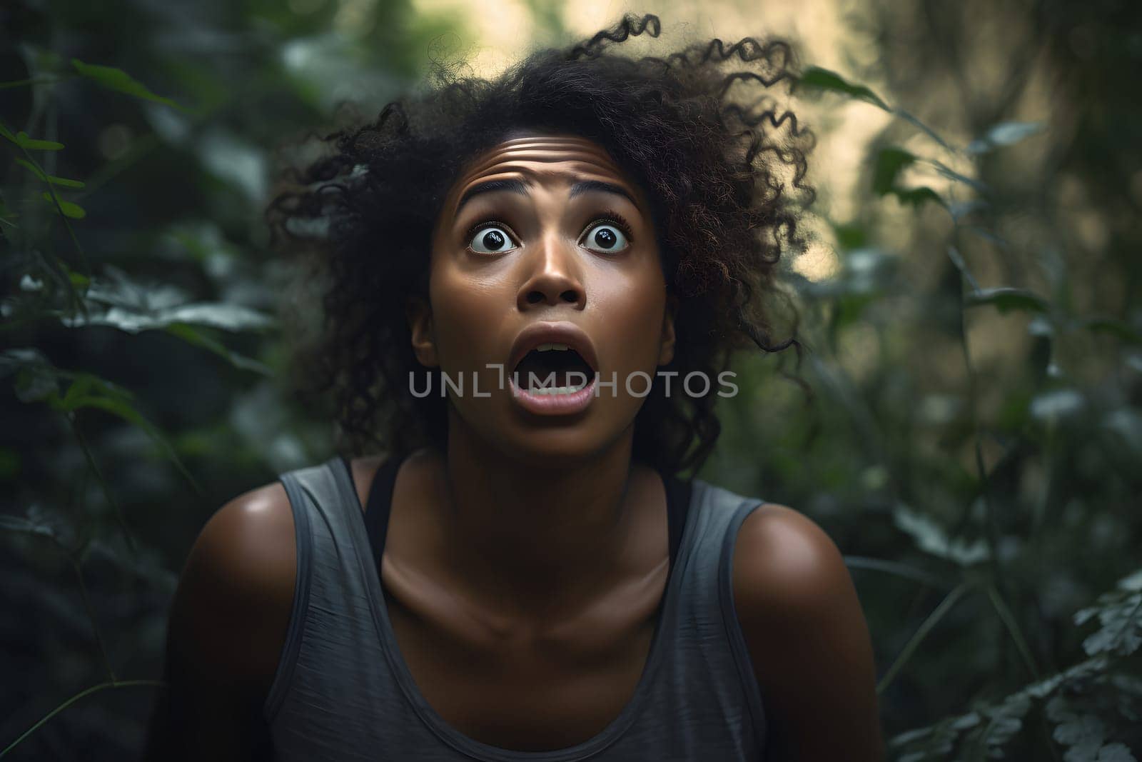 African American woman lost in forest at summer day. Neural network generated image. Not based on any actual person or scene.
