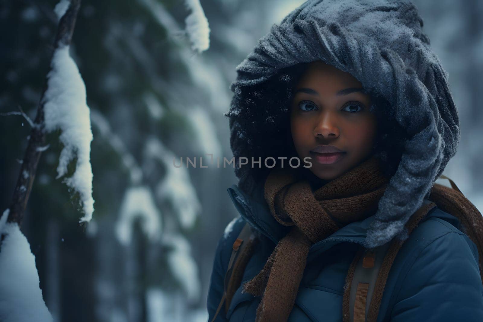 African American woman in forest at snowy winter evening. Neural network generated image. Not based on any actual person or scene.