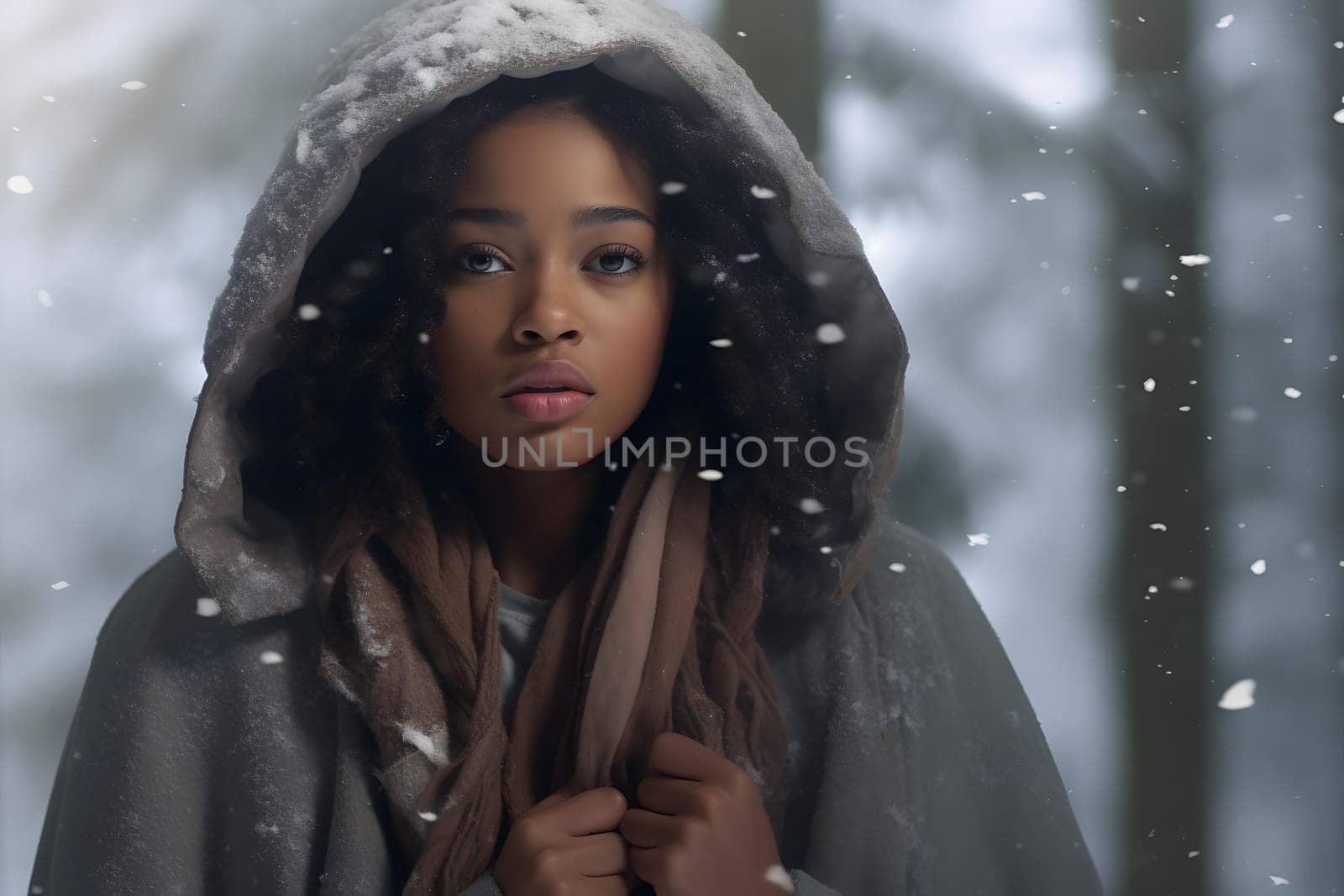 African American woman in forest at snowy winter day. Neural network generated image. Not based on any actual person or scene.