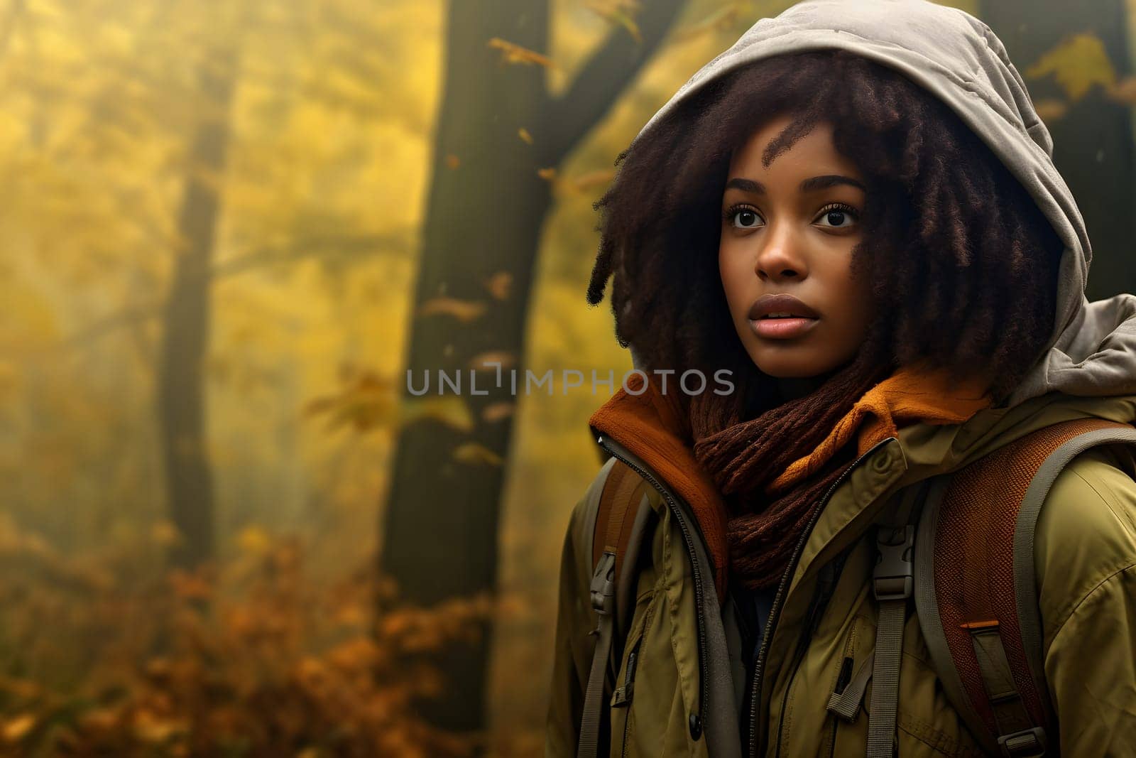 African American woman lost in forest at autumn day. Neural network generated image. Not based on any actual person or scene.