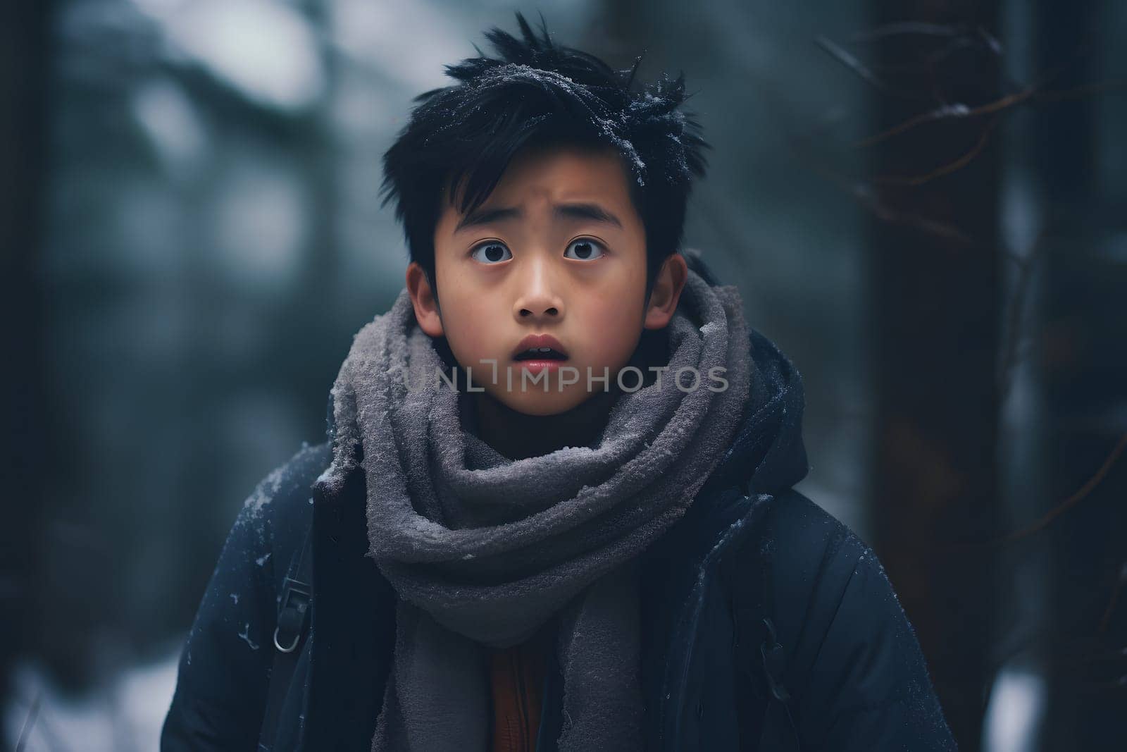 Asian boy lost in forest at winter evening. Neural network generated image. Not based on any actual person or scene.