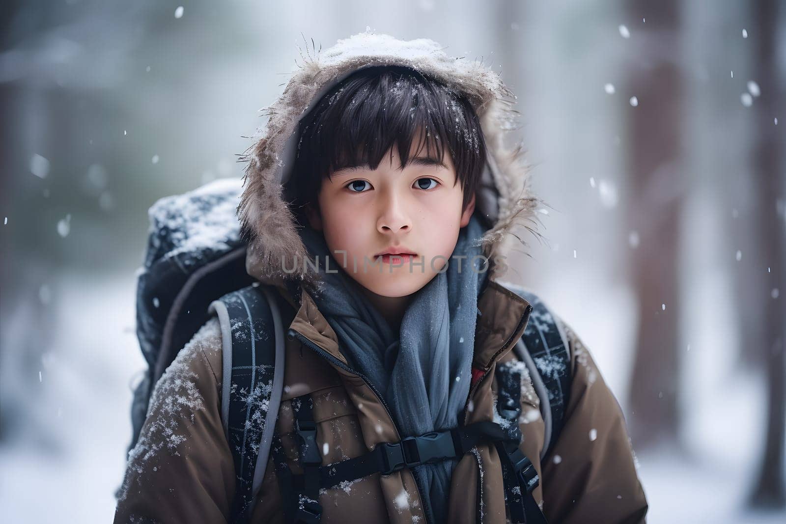 Asian boy lost in forest at snowy winter day. Neural network generated image. Not based on any actual person or scene.