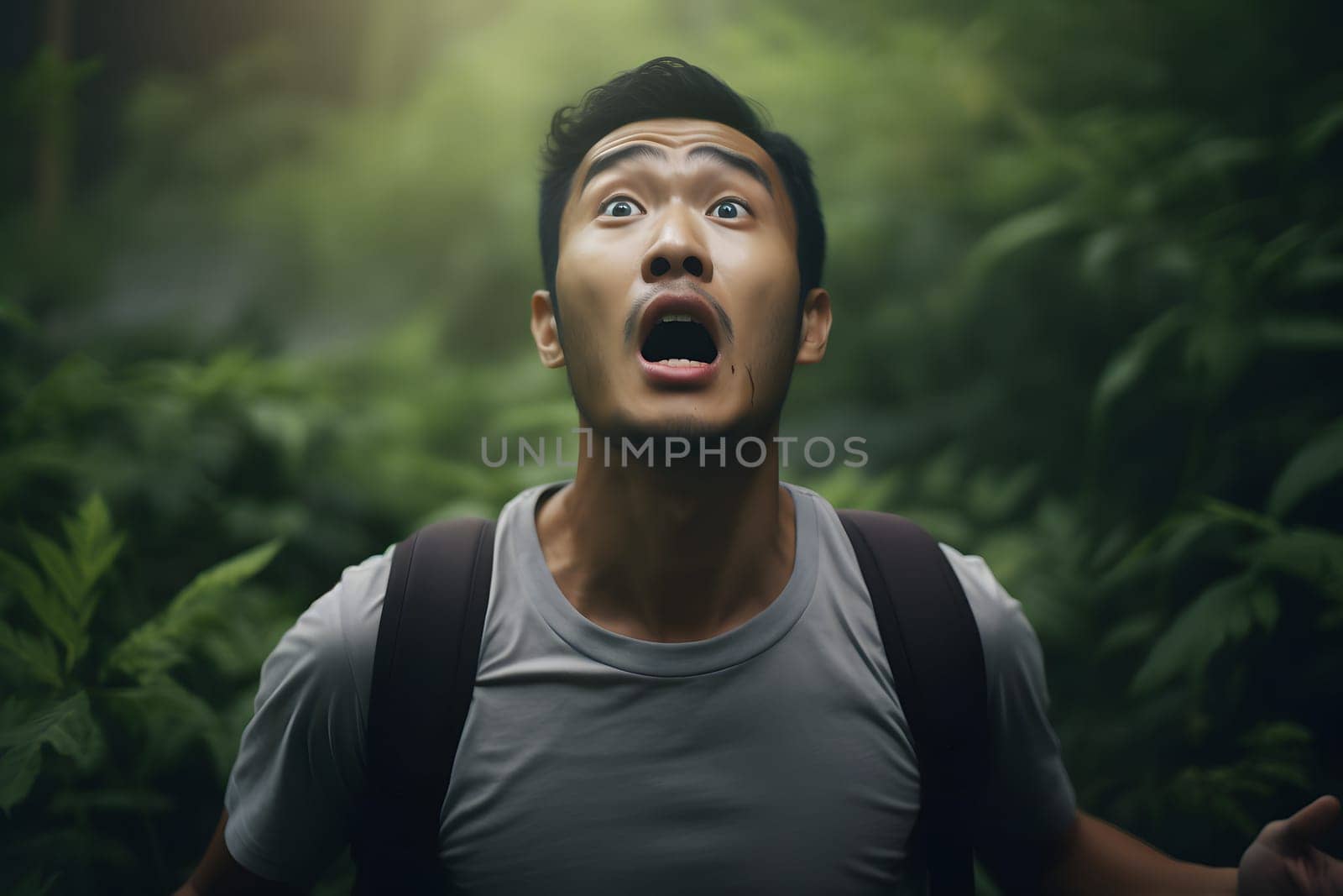 scared Asian young adult man lost in forest at summer. Neural network generated image. Not based on any actual person or scene.