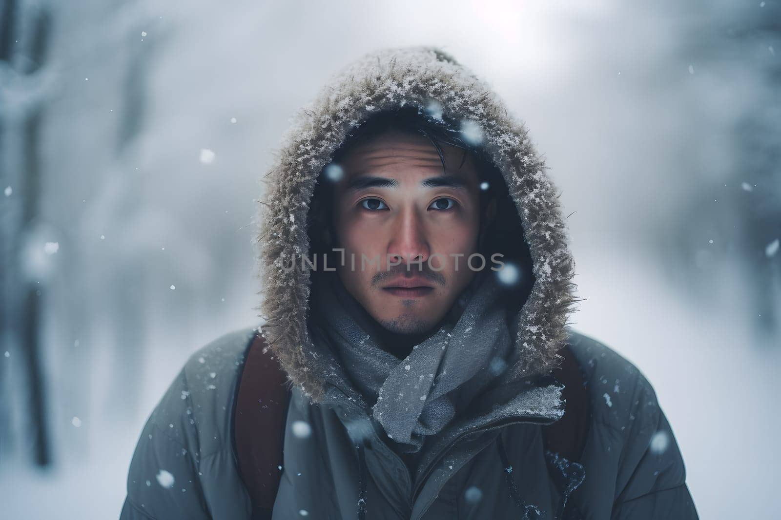 Asian young adult man lost in forest at snowy winter day. Neural network generated image. Not based on any actual person or scene.