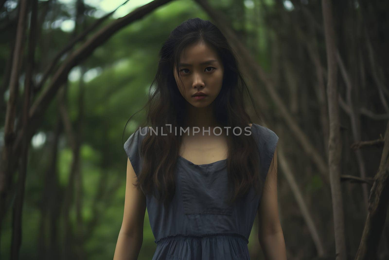 Asian woman lost in forest at summer day. Neural network generated image. Not based on any actual person or scene.