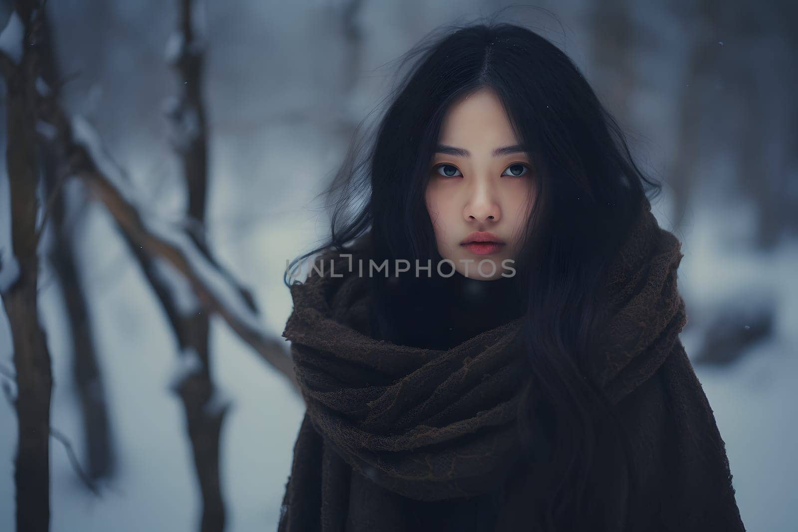 Asian girl lost in snowy winter forest at day. Neural network generated image. Not based on any actual person or scene.